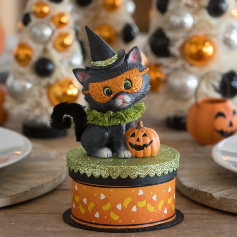 Bethany Lowe Halloween Kitty Binks On Box Black Cat with Jack O Lantern JOL New